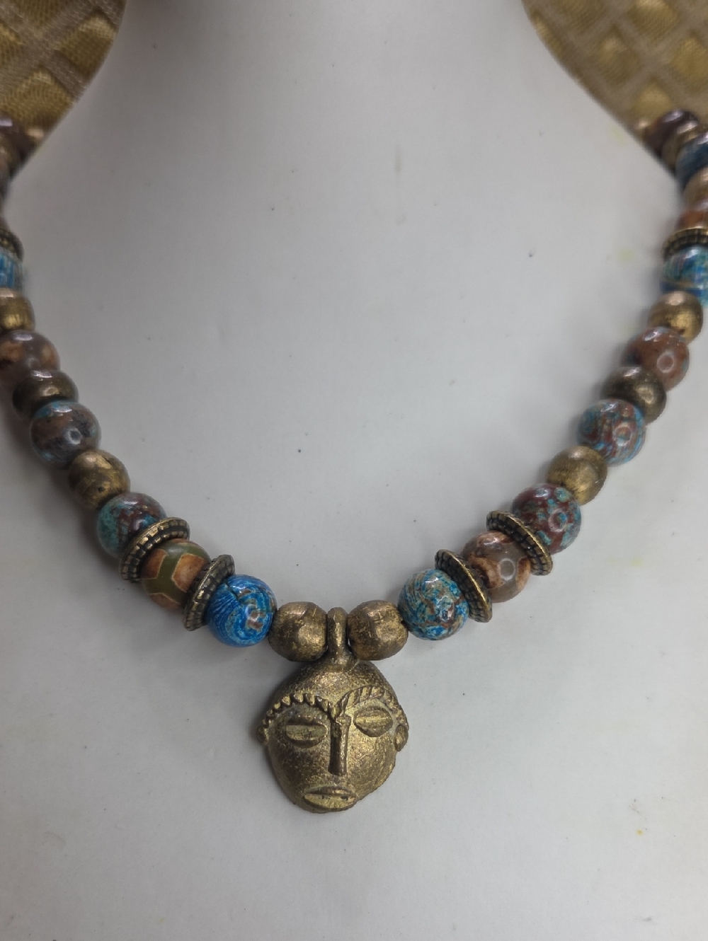 Bohemian Dzi Agate Calcilica Jasper Beaded Necklace / Bracelet With Brass Face